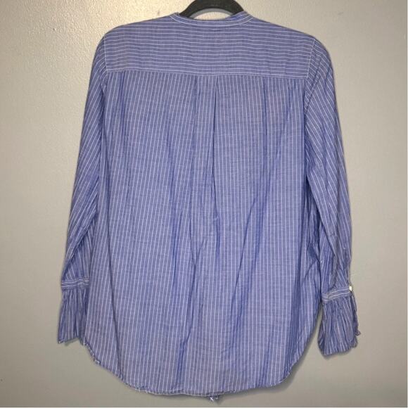 Loft M Button Blue Shirt Floral Embroidered Stripe Chambray Flaired Long Sleeve - Picture 7 of 7